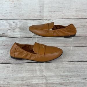 Tory Burch Womens Sz 7.5M Ballet Loafers Bourbon Brown Leather Gold Logo